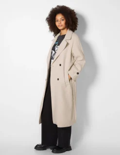 BERSHKA Abrigo trench lana Crudo Best Sale