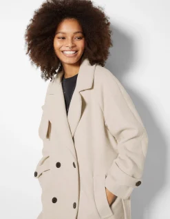 BERSHKA Abrigo trench lana Crudo Best Sale