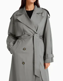 BERSHKA Abrigo trench oversize algodón Gris Clearance