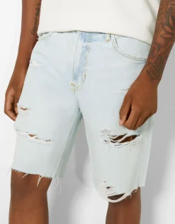 BERSHKA Bermuda denim rotos Azul claro Hot