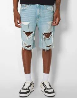 BERSHKA Bermuda denim rotos Azul claro Store