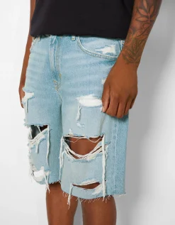 BERSHKA Bermuda denim rotos Azul claro Store