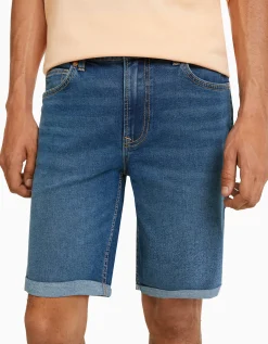 BERSHKA Bermuda denim super skinny roll up Azul Cheap
