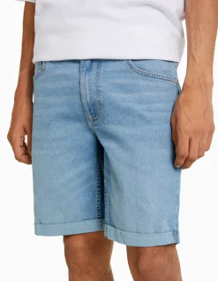 BERSHKA Bermuda denim super skinny roll up Azul Discount