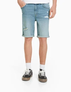 BERSHKA Bermuda slim denim rotos Azul Best Sale