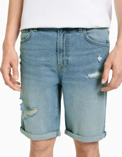 BERSHKA Bermuda slim denim rotos Azul Best Sale