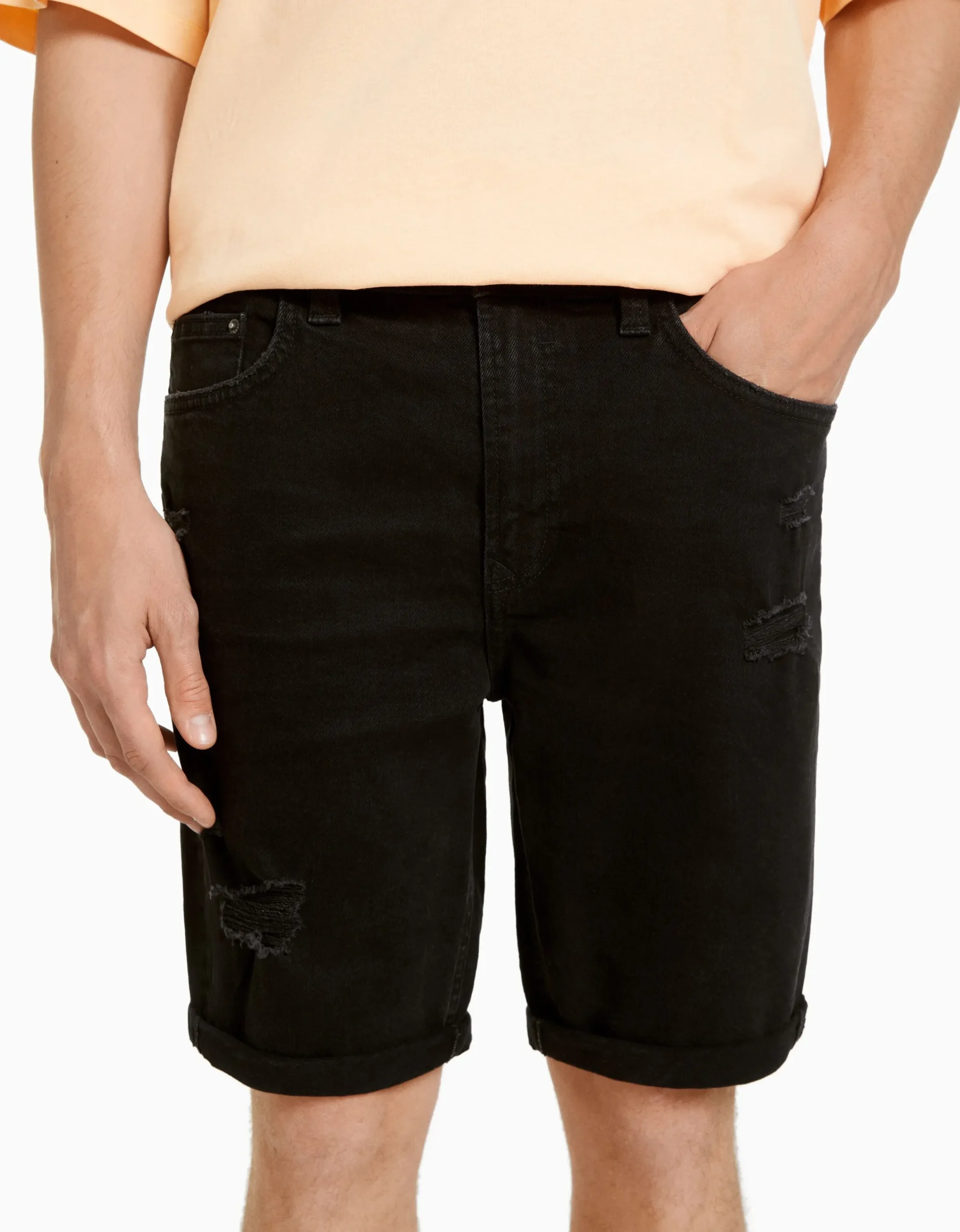 BERSHKA Bermuda slim denim rotos Azul Shop