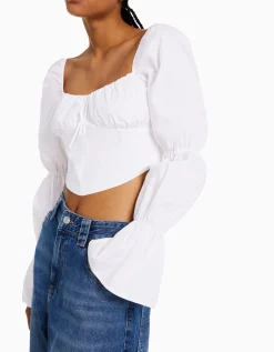 BERSHKA Blusa corsé cropped manga larga Multicolor Outlet