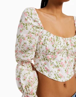 BERSHKA Blusa corsé cropped manga larga Multicolor Hot