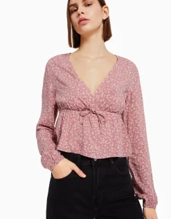 BERSHKA Blusa manga larga print flores lazada Marino New