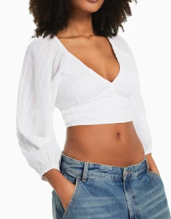 BERSHKA Blusa manga larga volumen cuello pico Blanco roto Clearance