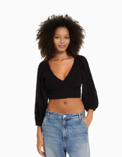 BERSHKA Blusa manga larga volumen cuello pico Blanco roto Cheap