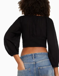 BERSHKA Blusa manga larga volumen cuello pico Blanco roto Cheap