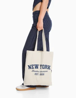 BERSHKA Bolso shopper canvas print Crudo Best