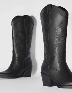 BERSHKA Botas cowboy tacón Negro Fashion