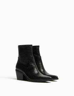 BERSHKA Botines cowboy grabado animal Negro Sale