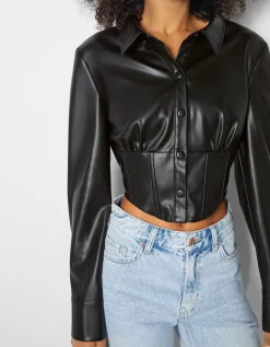 BERSHKA Camisa corsé efecto piel Negro Flash Sale