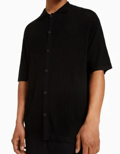 BERSHKA Camisa manga corta básica calados Negro Sale