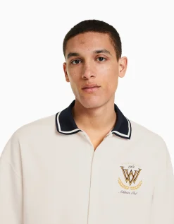 BERSHKA Camisa manga corta cuello rib Blanco Hot