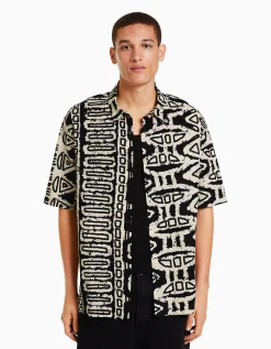 BERSHKA Camisa manga corta print Blanco / Negro Discount