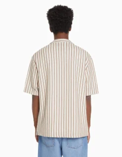 BERSHKA Camisa manga corta rústica rayas Blanco / Negro Outlet