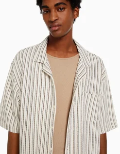 BERSHKA Camisa manga corta rústica rayas Blanco / Negro Best