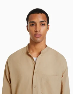 BERSHKA Camisa manga larga con lino Blanco Sale