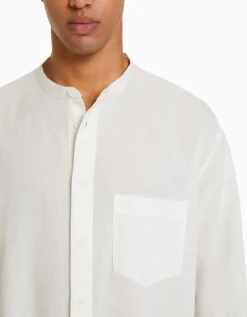 BERSHKA Camisa manga larga con lino Blanco Sale