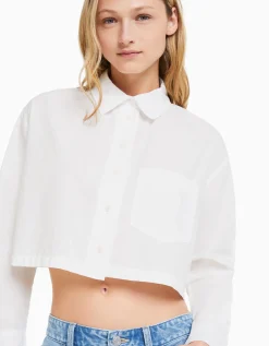BERSHKA Camisa manga larga cropped popelín Blanco Sale