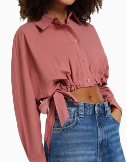 BERSHKA Camisa manga larga cropped detalle tiras Rosa Store