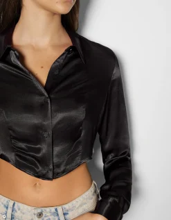 BERSHKA Camisa manga larga cropped satinada ajustada Rojo Clearance