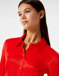 BERSHKA Camisa manga larga cropped satinada ajustada Rojo Best Sale