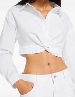 BERSHKA Camisa manga larga detalle cruce delantero Blanco Fashion