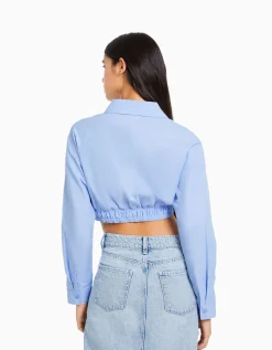 BERSHKA Camisa manga larga detalle cruce delantero Blanco Clearance