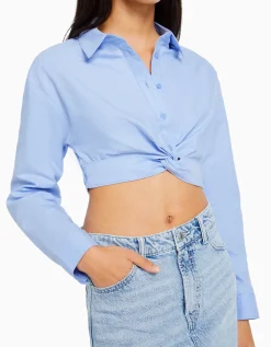 BERSHKA Camisa manga larga detalle cruce delantero Blanco Clearance