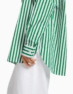 BERSHKA Camisa manga larga oversize popelín Verde Cheap
