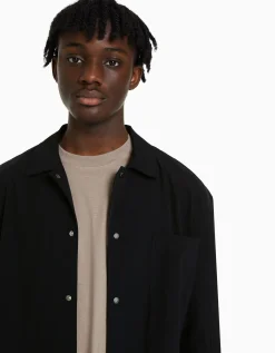 BERSHKA Camisa manga larga técnica parachute Negro Best Sale