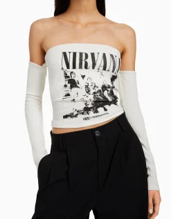 BERSHKA Camiseta bandeau manga larga print Nirvana Blanco Discount