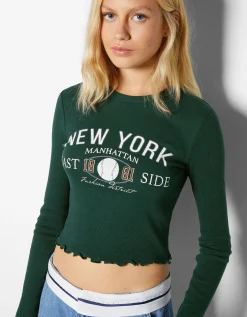 BERSHKA Camiseta cropped manga larga print Verde Store