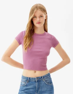 BERSHKA Camiseta manga corta ajustada Morado Discount