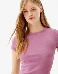 BERSHKA Camiseta manga corta ajustada Morado Discount