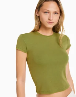 BERSHKA Camiseta manga corta ajustada Verde Sale