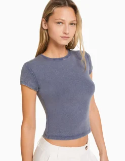 BERSHKA Camiseta manga corta ajustada Azul oscuro Cheap