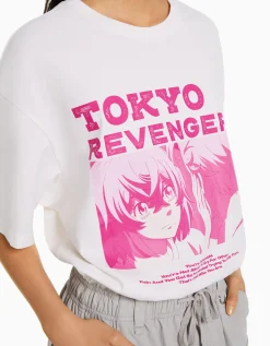 BERSHKA Camiseta manga corta boxy fit print TOKYO REVENGERS Negro Fashion