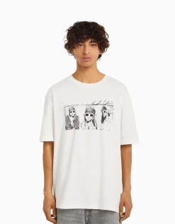 BERSHKA Camiseta manga corta boxy fit Kurt Kobain Blanco Cheap