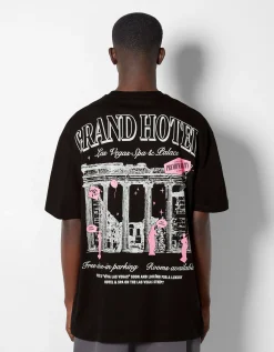 BERSHKA Camiseta manga corta boxy fit print Blanco Shop