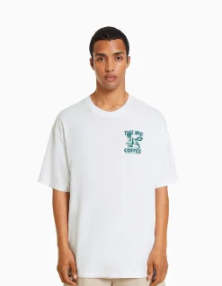 BERSHKA Camiseta manga corta boxy fit print Blanco Store