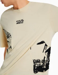 BERSHKA Camiseta manga corta boxy fit print Camel Shop