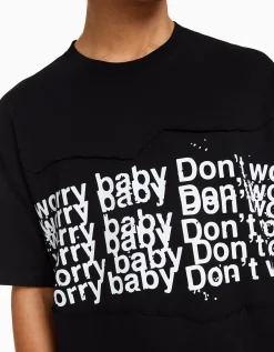 BERSHKA Camiseta manga corta boxy fit parches Negro Outlet