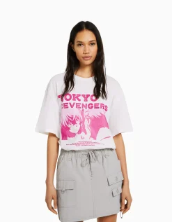 BERSHKA Camiseta manga corta boxy fit print TOKYO REVENGERS Negro Outlet